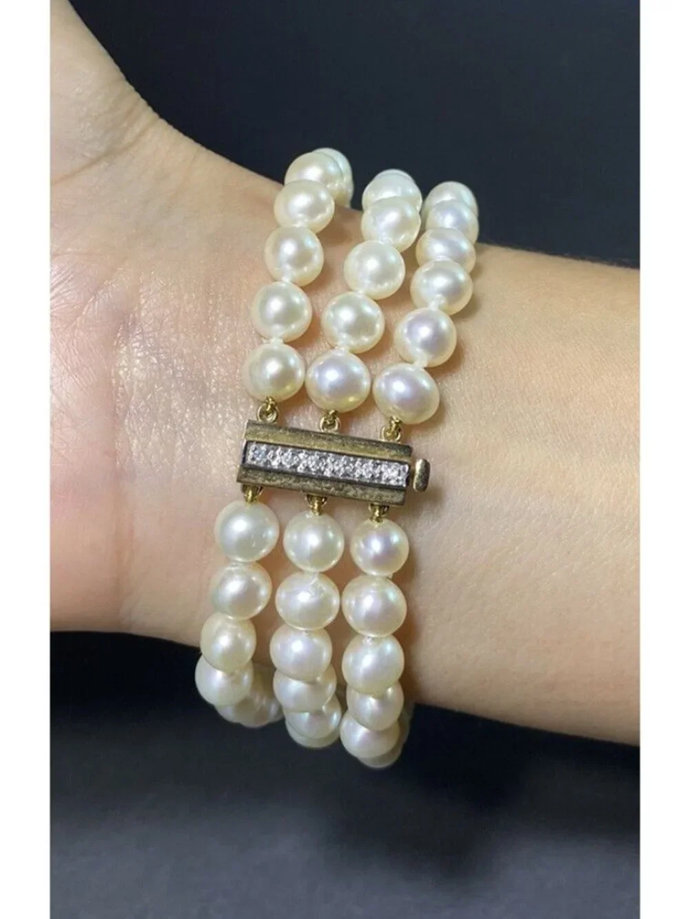 14k Gold Pearl And Diamond Spacer Bracelet 3 Rows Knotted 7.5 inches 18 Diamonds